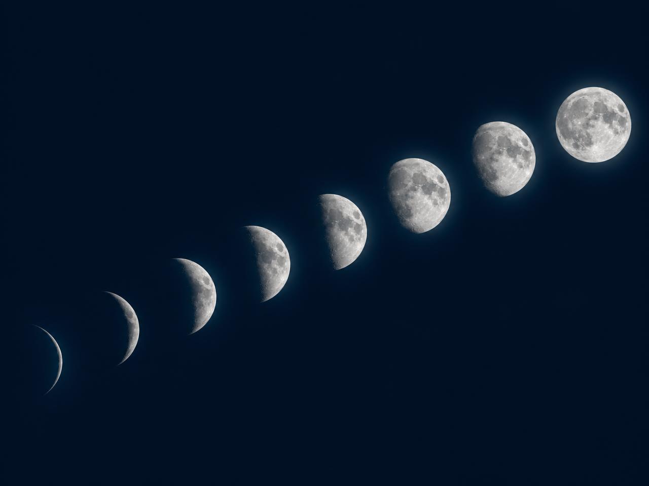 The moon moving through its phases, from a thin crescent to full